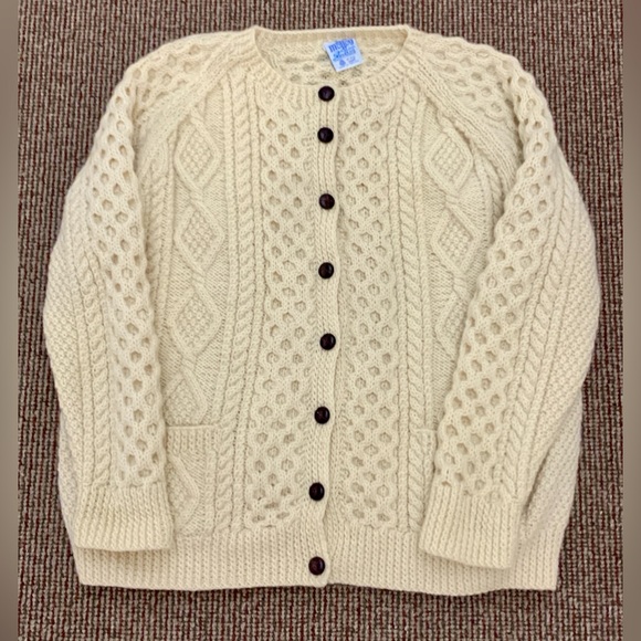 Vtg Men's Unisex L/XL Hand Knit 100% Wool Irish Fisherman's Cardigan Sweater - Picture 11 of 16